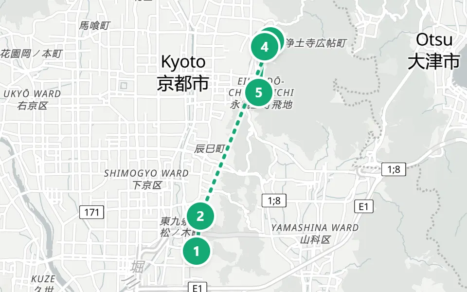 Map of day 3 in Kyoto: 5 stops in walking order