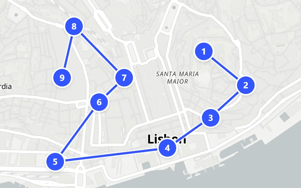 Karte von Tag 1 in Lissabon: 9 Stopps in Gehreihenfolge