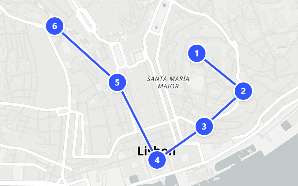 Map of day 1 in Lisbon: 6 stops in walking order