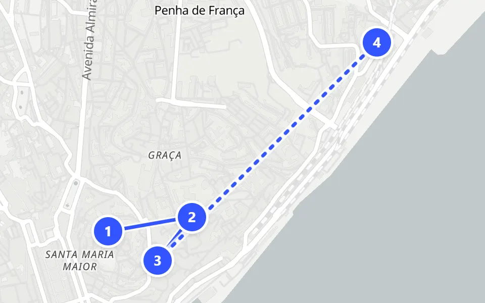 Map of day 1 in Lisbon: 4 stops in walking order