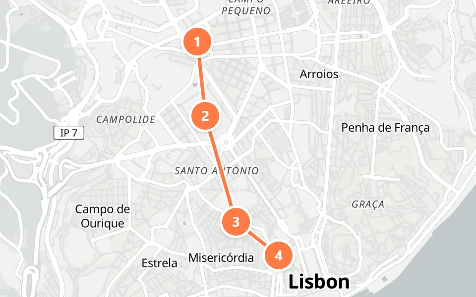 Map of day 2 in Lisbon: 4 stops in walking order