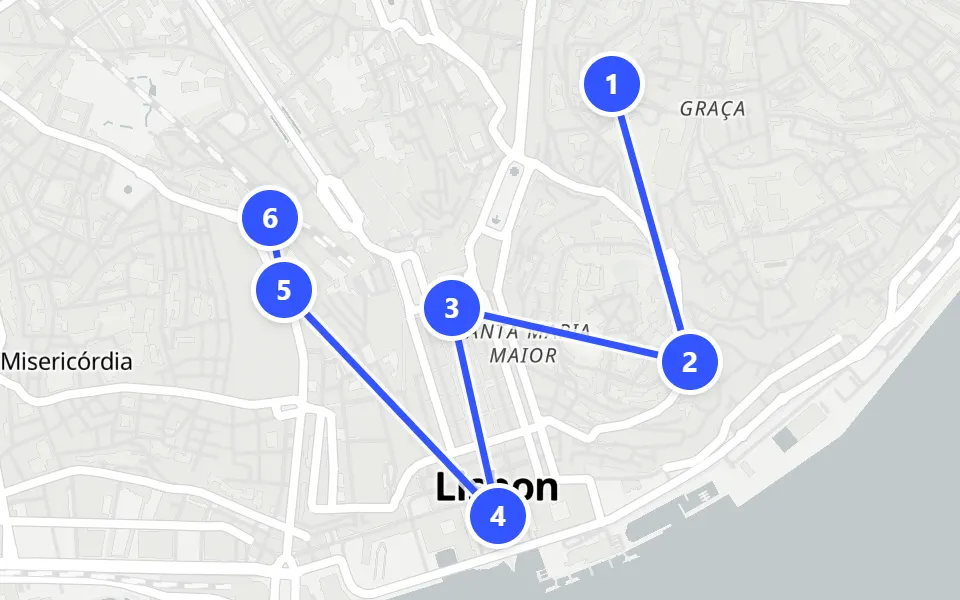 Karte von Tag 1 in Lissabon: 6 Stopps in Gehreihenfolge