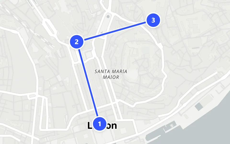 Map of day 1 in Lisbon: 3 stops in walking order