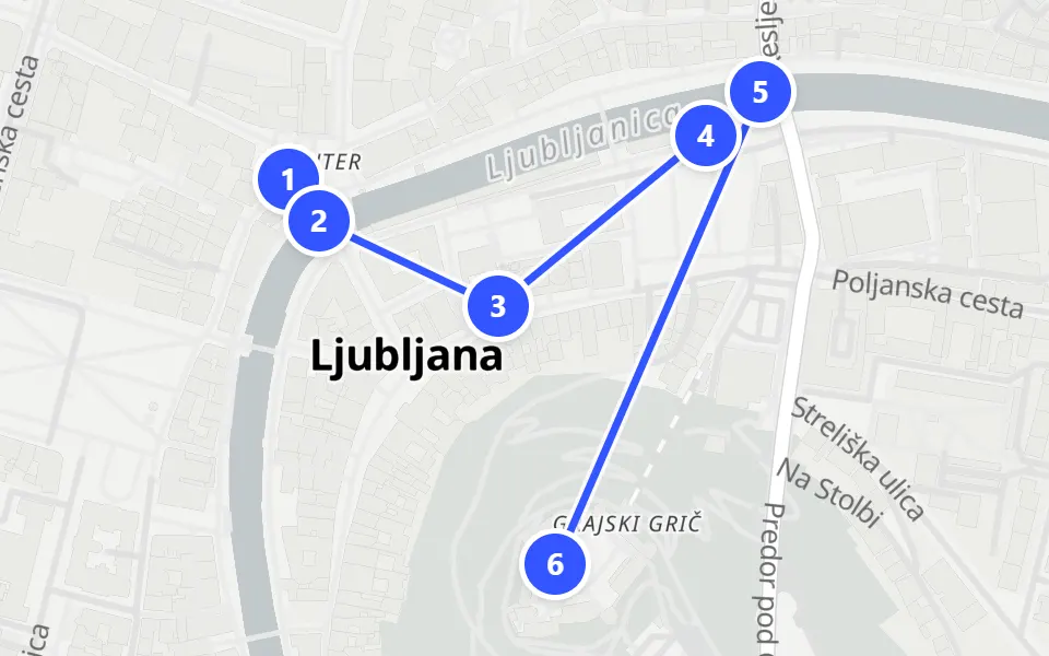 Map of day 1 in Ljubljana: 6 stops in walking order
