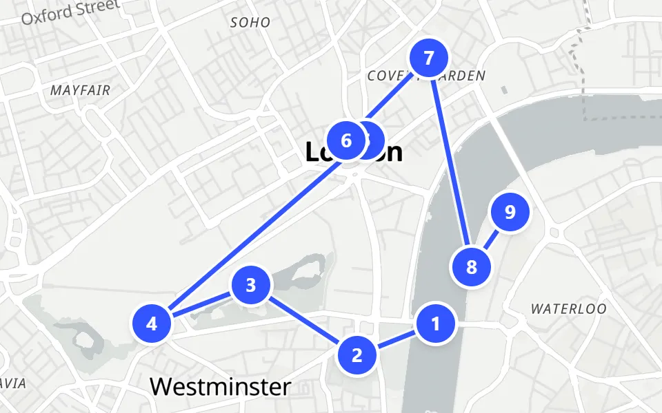 Map of day 1 in London: 9 stops in walking order