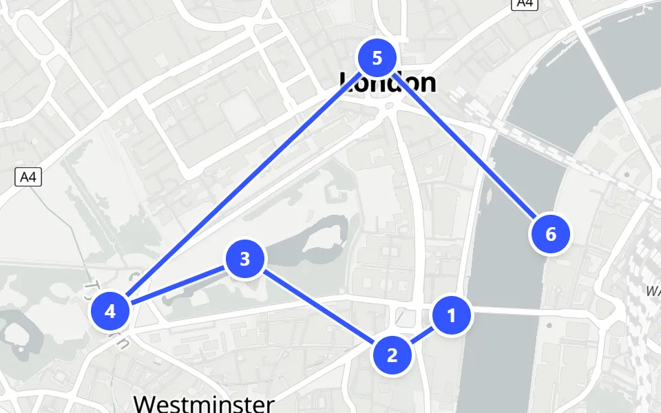 Map of day 1 in London: 6 stops in walking order