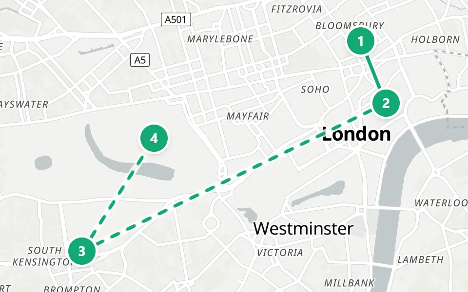 Map of day 3 in London: 4 stops in walking order