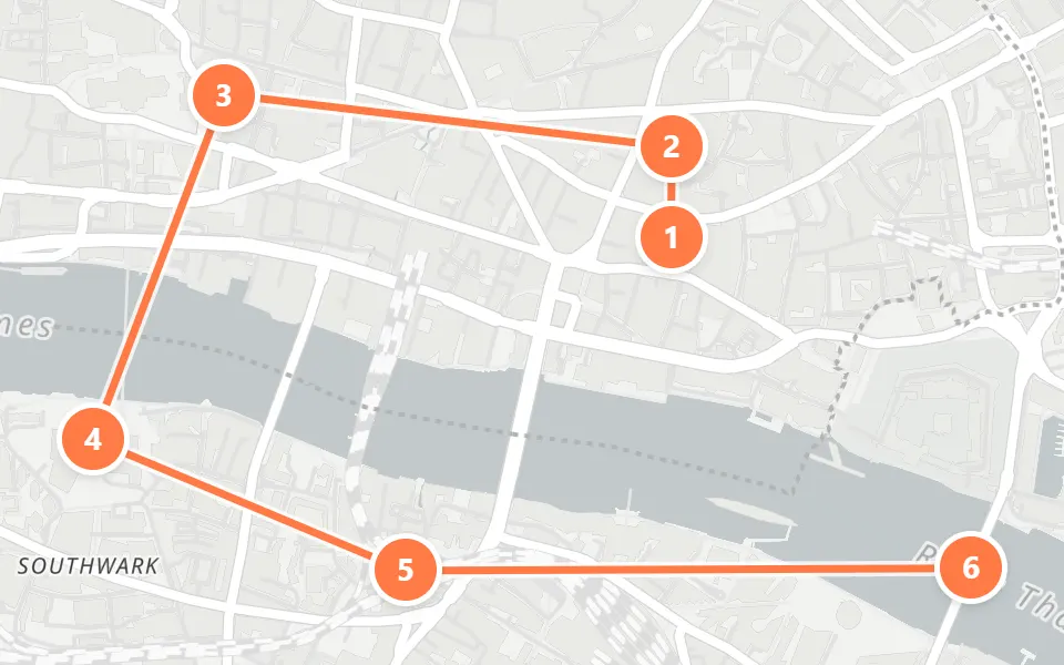 Karte von Tag 2 in London: 6 Stopps in Gehreihenfolge