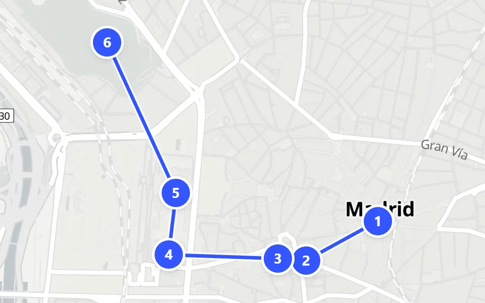 Map of day 1 in Madrid: 6 stops in walking order