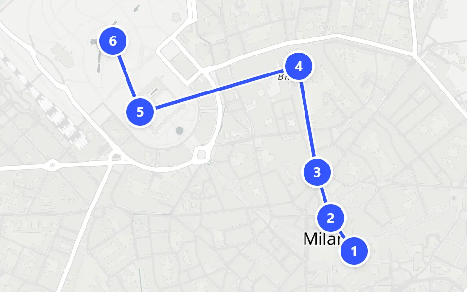 Map of day 1 in Milan: 6 stops in walking order