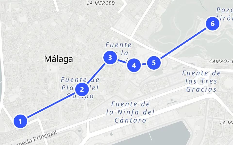 Map of day 1 in Málaga: 6 stops in walking order