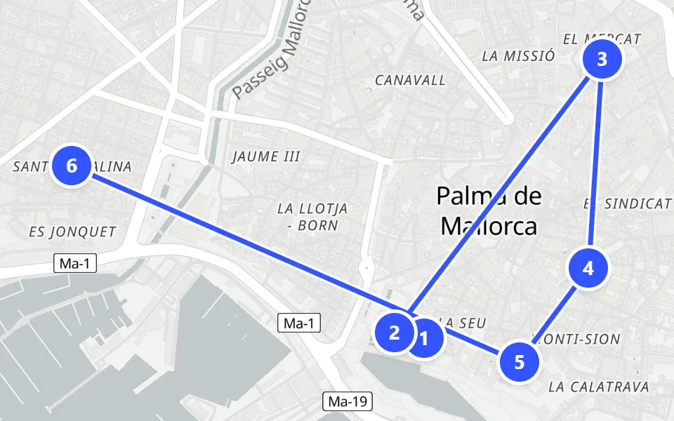Map of day 1 in Mallorca: 6 stops in walking order