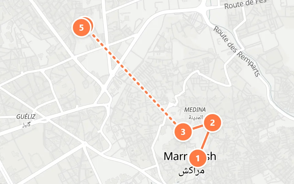 Map of day 2 in Marrakech: 5 stops in walking order