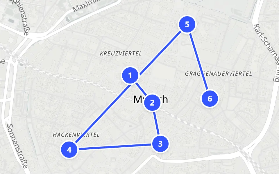 Map of day 1 in Munich: 6 stops in walking order