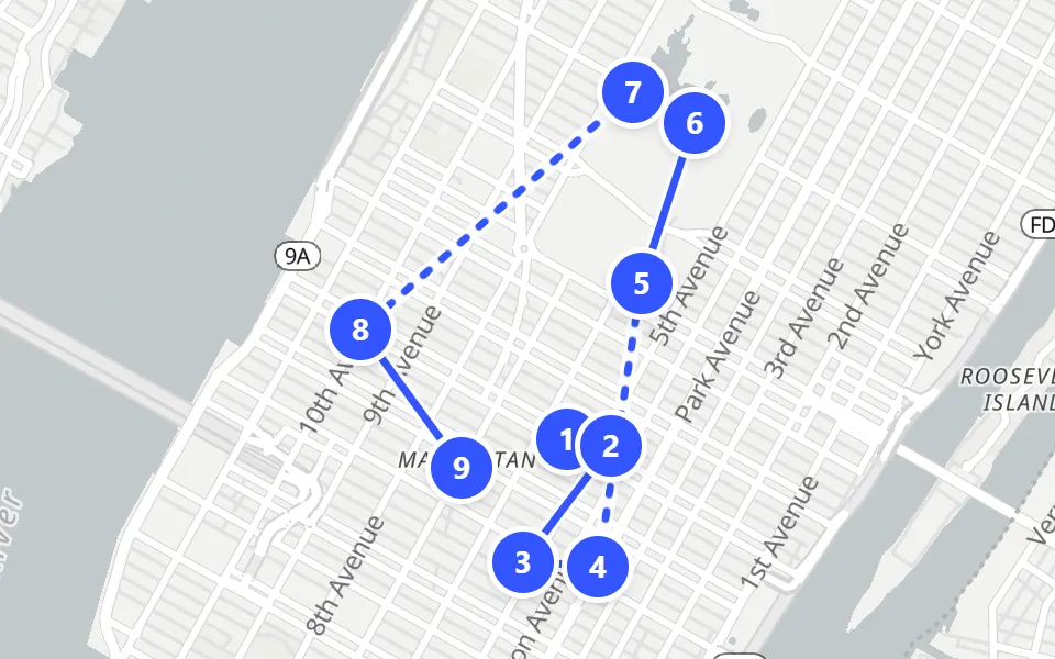 Map of day 1 in New York: 9 stops in walking order