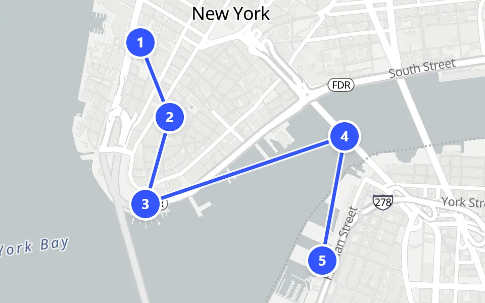 Map of day 1 in New York: 5 stops in walking order
