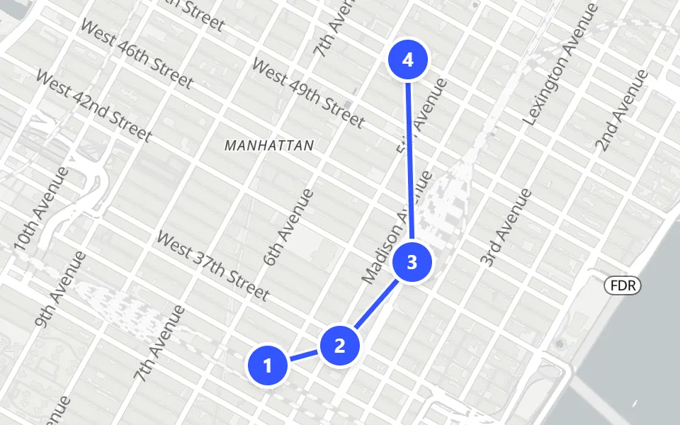 Karte von Tag 1 in New York: 4 Stopps in Gehreihenfolge