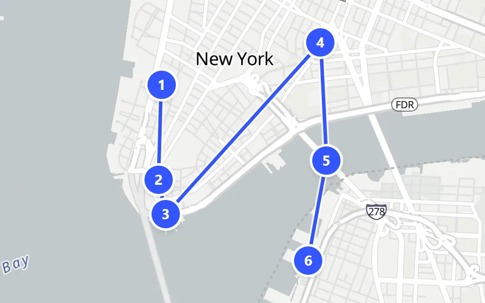 Map of day 1 in New York: 6 stops in walking order