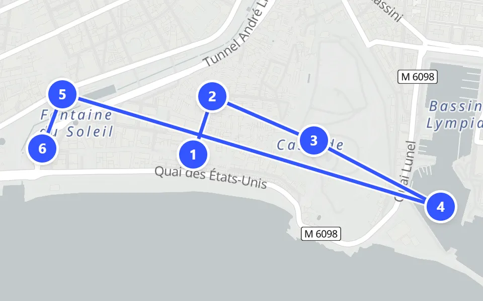 Map of day 1 in Nice: 6 stops in walking order