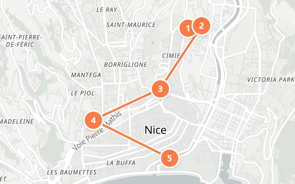 Map of day 2 in Nice: 5 stops in walking order