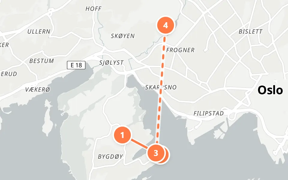 Map of day 2 in Oslo: 4 stops in walking order