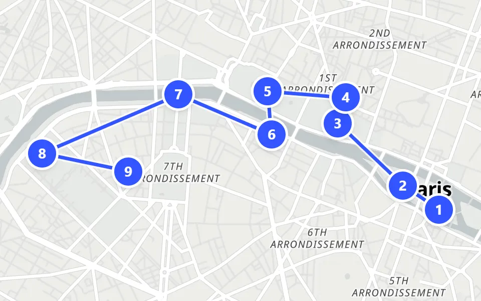 Map of day 1 in Paris: 9 stops in walking order