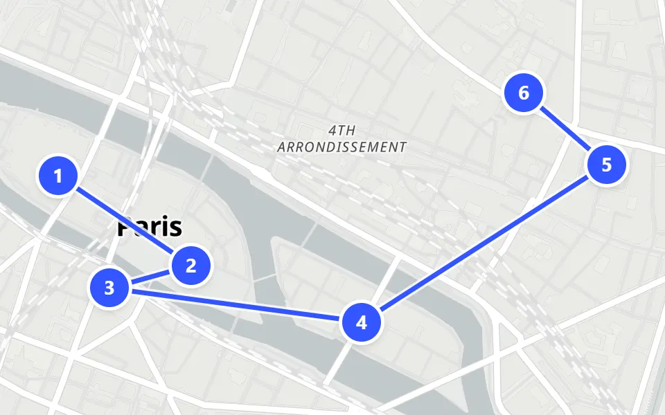 Map of day 1 in Paris: 6 stops in walking order