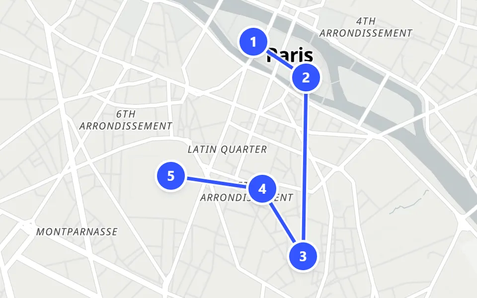Map of day 1 in Paris: 5 stops in walking order