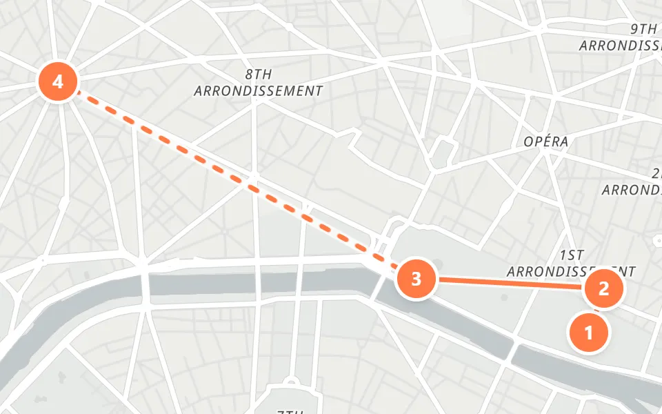 Map of day 2 in Paris: 4 stops in walking order