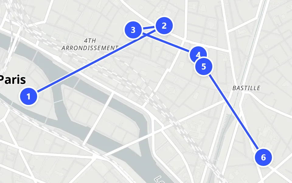 Map of day 1 in Paris: 6 stops in walking order