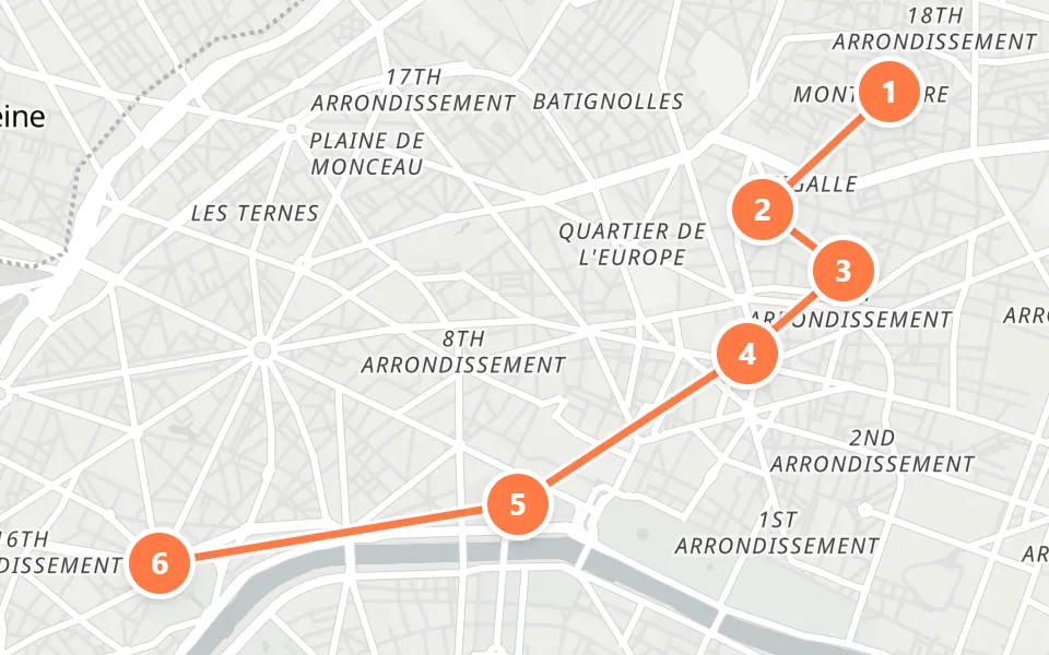 Map of day 2 in Paris: 6 stops in walking order