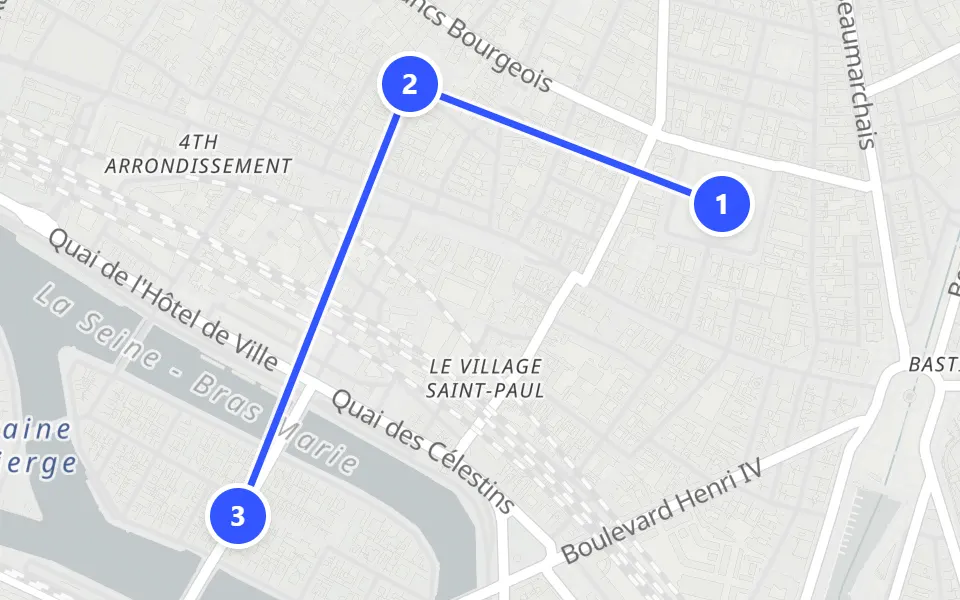 Map of day 1 in Paris: 3 stops in walking order