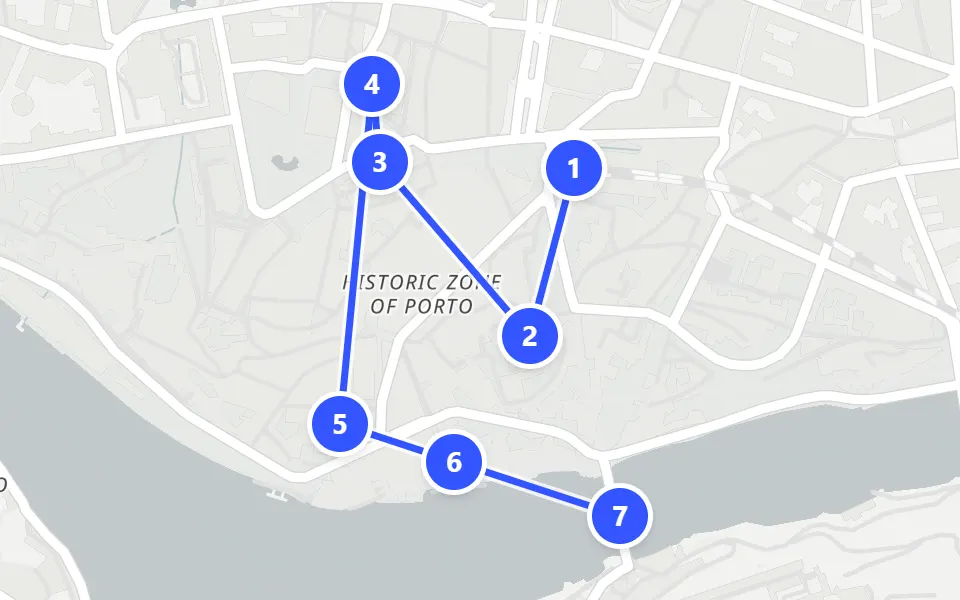 Map of day 1 in Porto: 7 stops in walking order