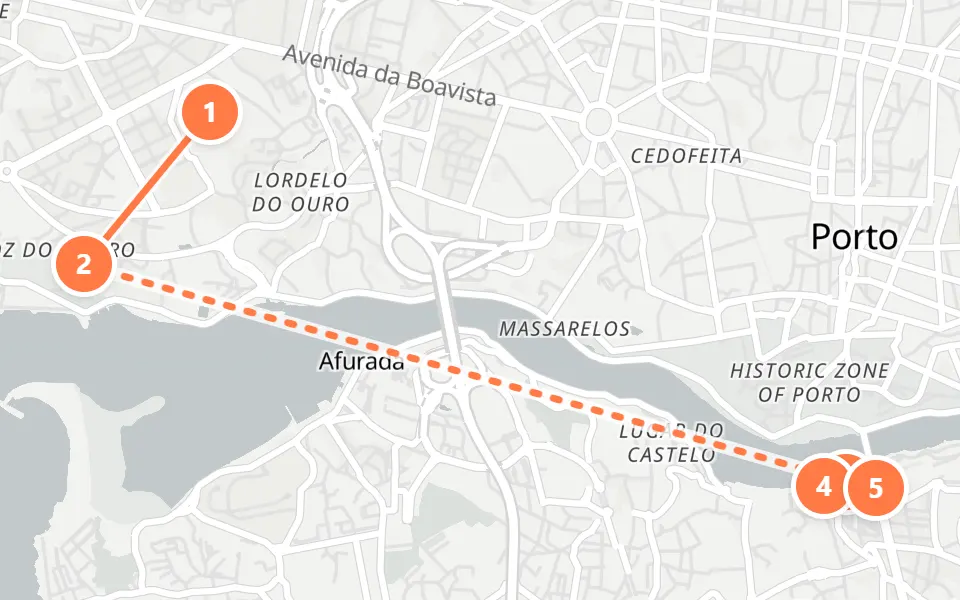 Map of day 2 in Porto: 5 stops in walking order