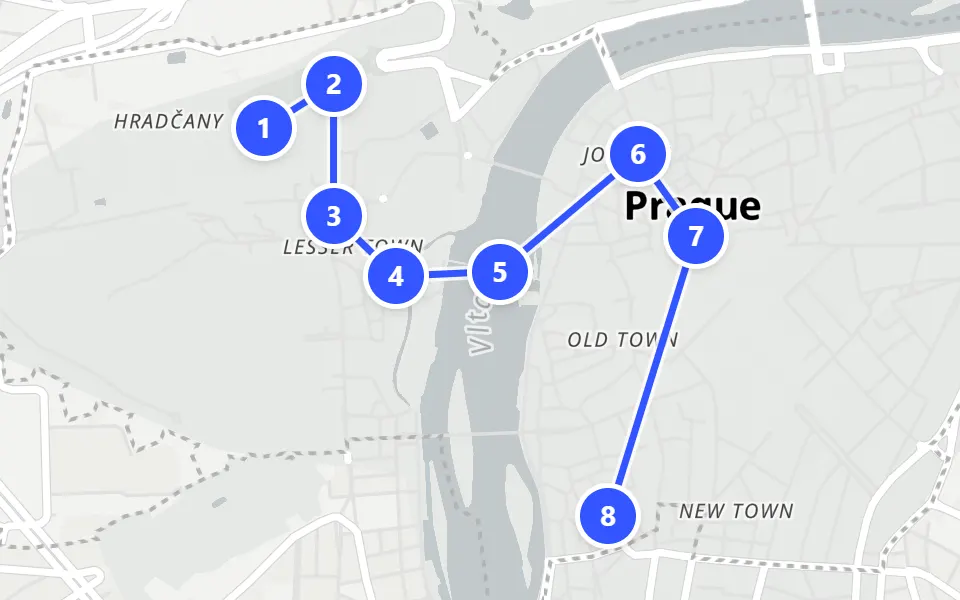Map of day 1 in Prague: 8 stops in walking order