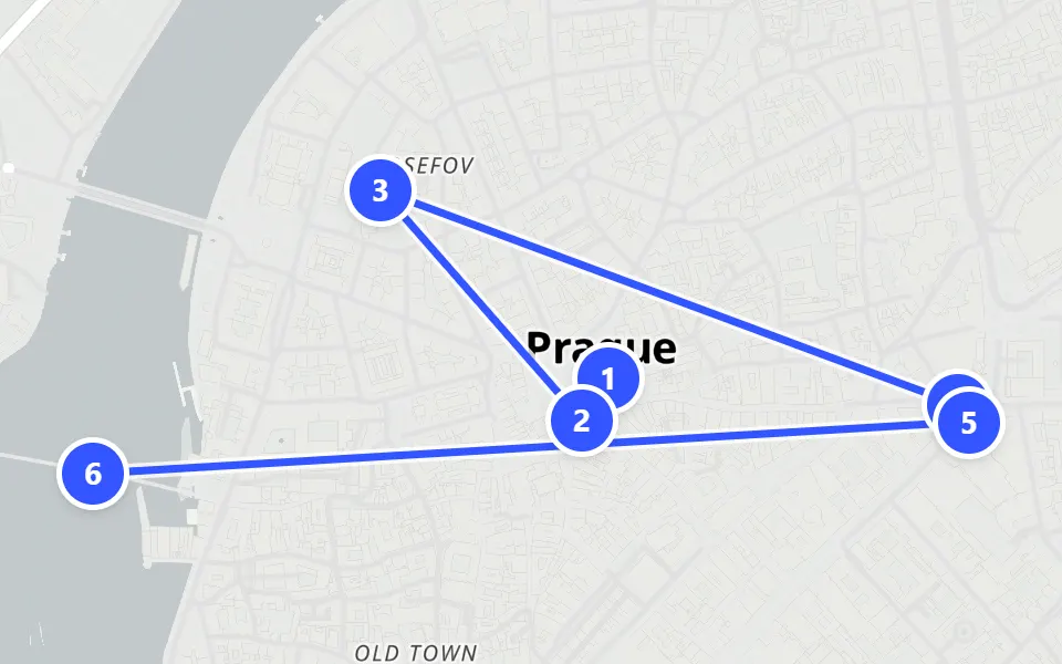 Map of day 1 in Prague: 6 stops in walking order