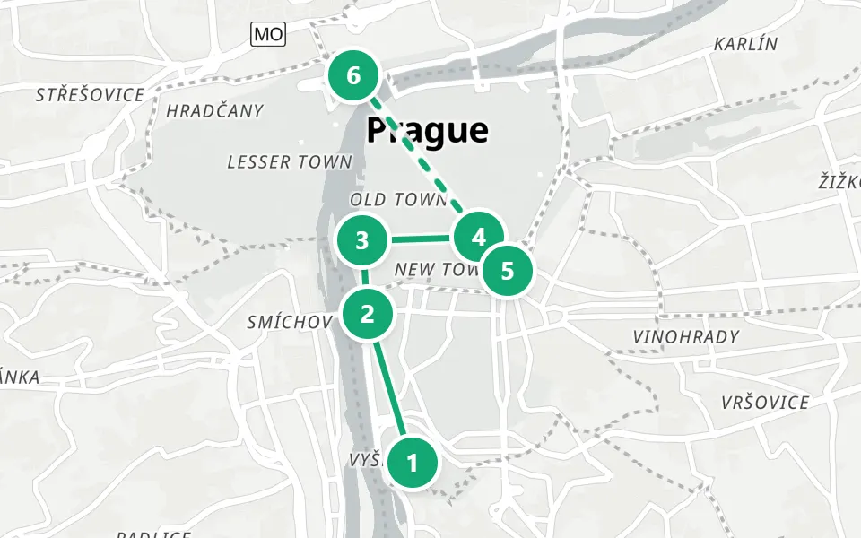 Map of day 3 in Prague: 6 stops in walking order