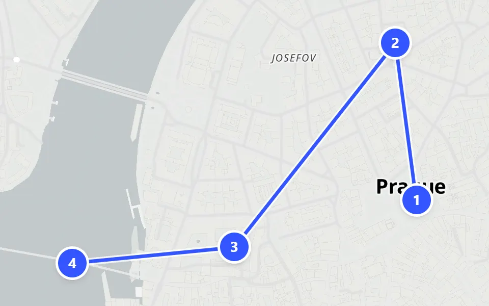 Map of day 1 in Prague: 4 stops in walking order