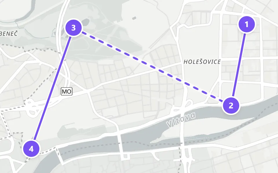 Map of day 5 in Prague: 4 stops in walking order
