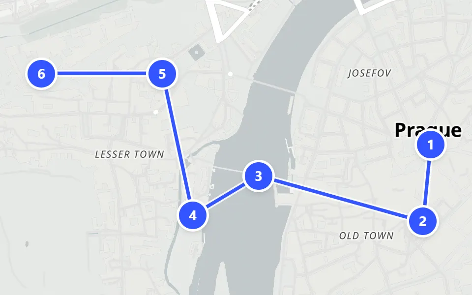 Map of day 1 in Prague: 6 stops in walking order