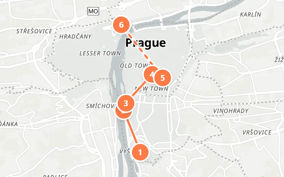 Map of day 2 in Prague: 6 stops in walking order