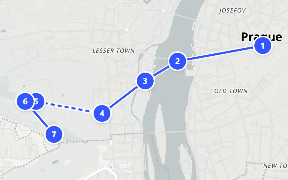 Map of day 1 in Prague: 7 stops in walking order