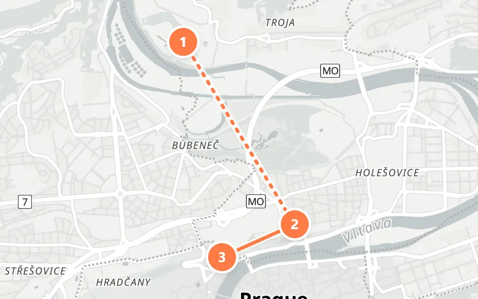 Map of day 2 in Prague: 3 stops in walking order