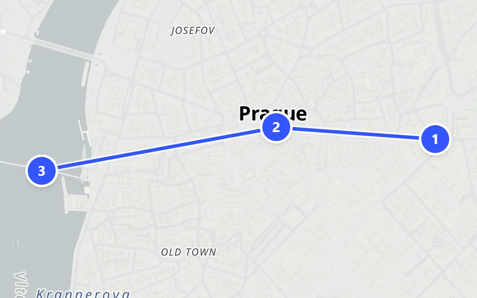 Map of day 1 in Prague: 3 stops in walking order