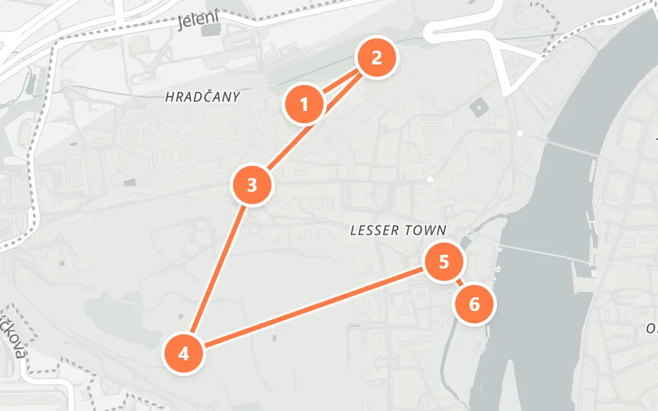 Map of day 2 in Prague: 6 stops in walking order
