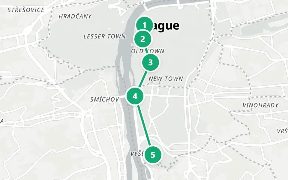 Map of day 3 in Prague: 5 stops in walking order