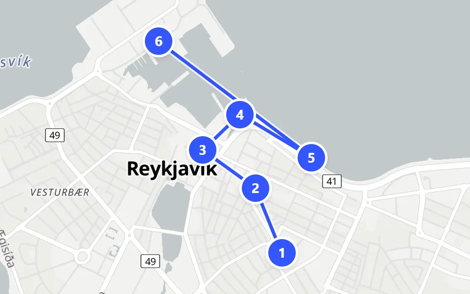 Map of day 1 in Reykjavík: 6 stops in walking order