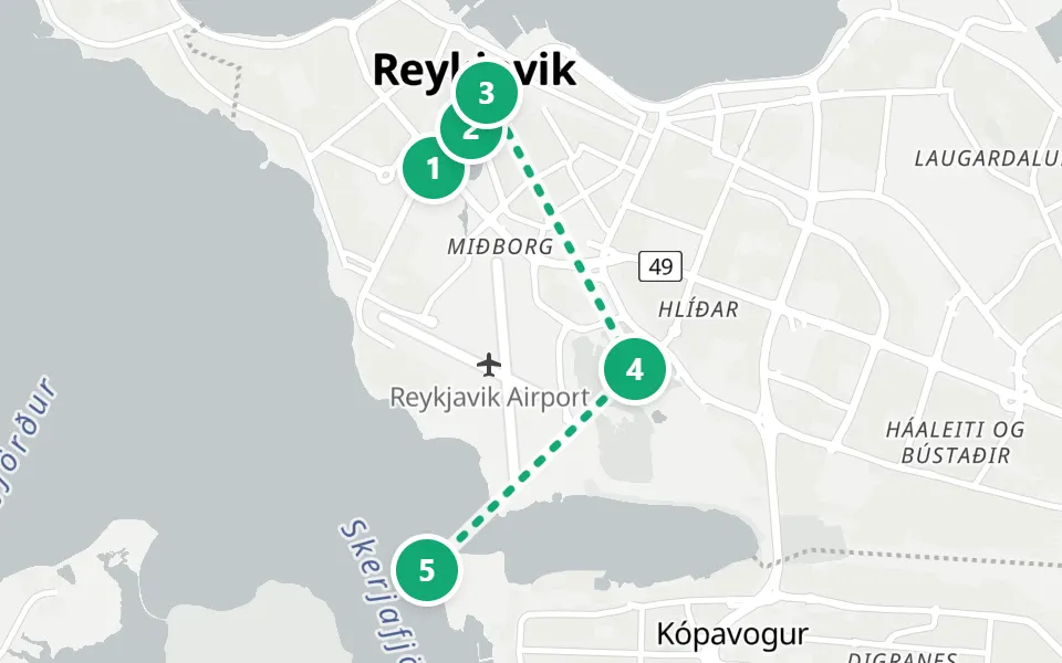 Map of day 3 in Reykjavík: 5 stops in walking order