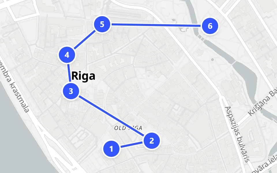 Map of day 1 in Riga: 6 stops in walking order