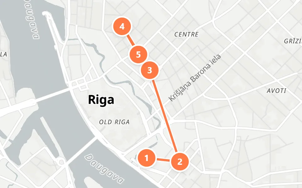 Map of day 2 in Riga: 5 stops in walking order